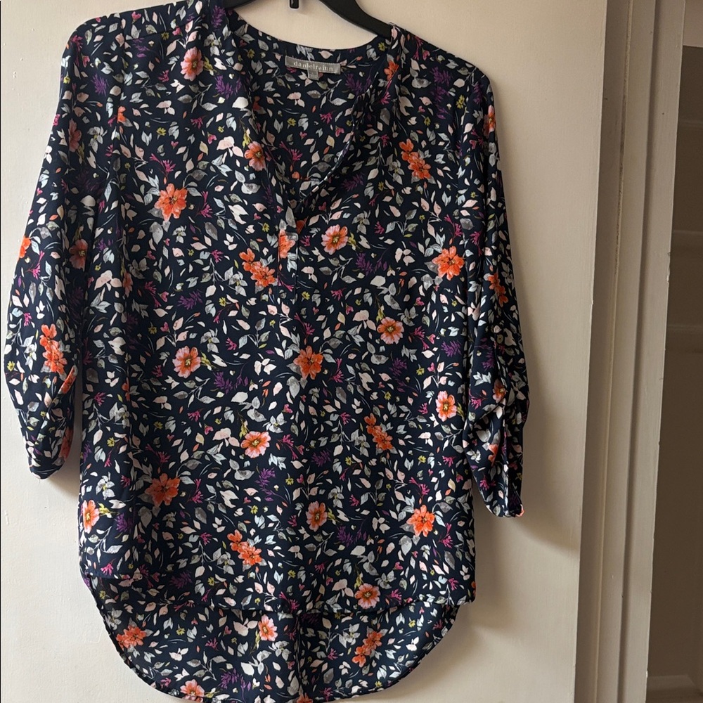 Daniel Rainn Navy Floral Blouse with Orange and White Accents